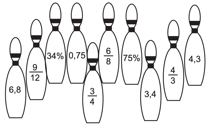 (ENEM 2019 PPL) O boliche é um esporte cujo objetivo é derrubar, com uma bola, uma série de pinos alinhados em uma pista. A professora de matemática organizou um jogo de boliche em que os pinos são garrafas que possuem rótulos com números, conforme mostra o esquema.