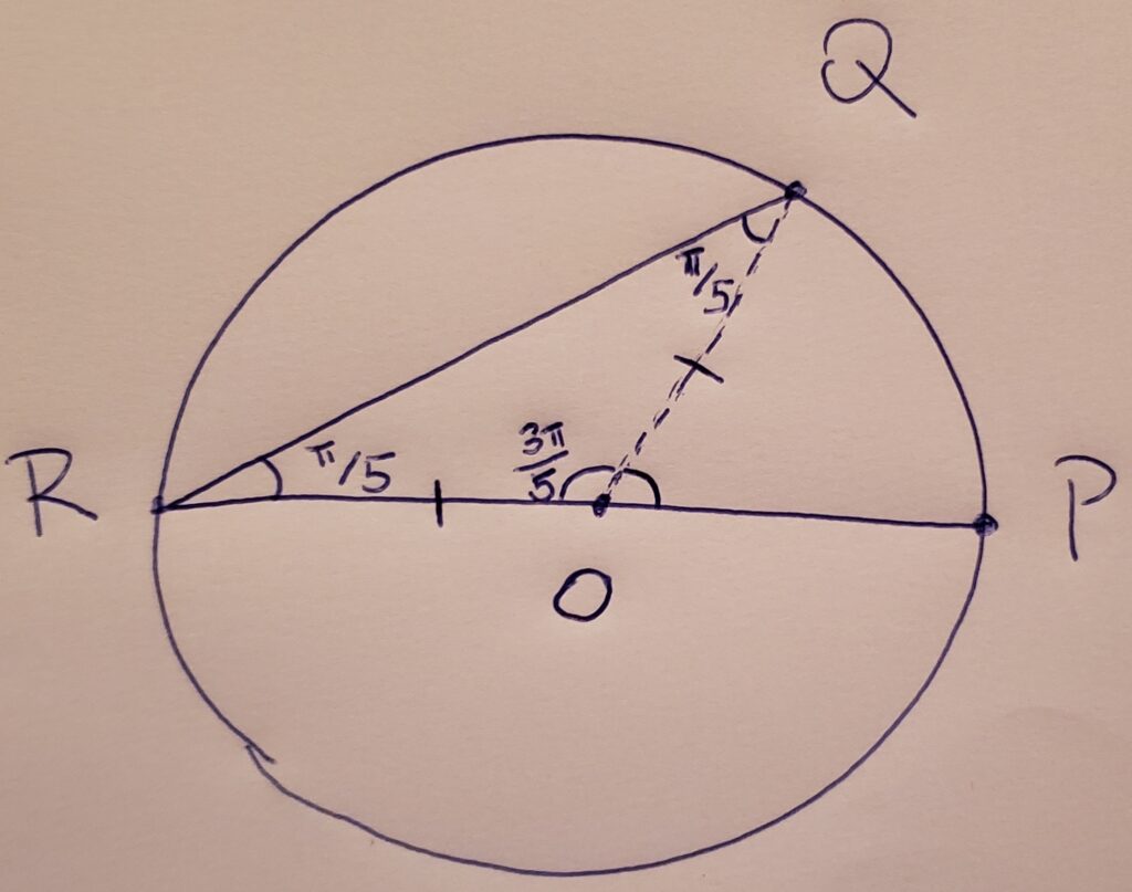 (ENEM 2019 PPL) Uma pista circular delimitada por duas circunferências concêntricas foi construída. Na circunferência interna dessa pista, de raio 0,3 km, serão colocados aparelhos de ginástica localizados nos pontos P, Q e R, conforme a figura.