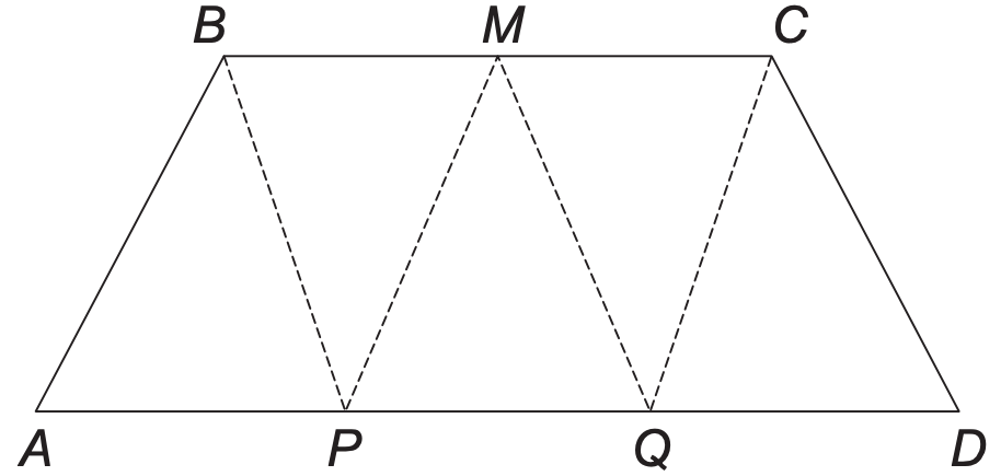 (ENEM 2019 PPL) No trapézio isósceles mostrado na figura a seguir, M é o ponto médio do segmento BC, e os pontos P e Q são obtidos dividindo o segmento AD em três partes iguais.