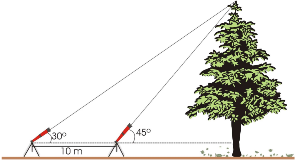 (UFRN 2009) Para medir a altura de uma árvore, da qual não podia aproximar-se, um ambientalista colocou, a certa distância dessa árvore, um cavalete de 1 m de altura e observou seu ponto mais alto, segundo um ângulo de 30o. Aproximando-se mais 10 m, observou o mesmo ponto segundo um ângulo de 45o, conforme a figura abaixo.