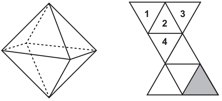 (ENEM 2021) Num octaedro regular, duas faces são consideradas opostas quando não têm nem arestas, nem vértices em comum. Na figura, observa-se um octaedro regular e uma de suas planificações, na qual há uma face colorida na cor cinza escuro e outras quatro faces numeradas.

Qual(is) face(s) ficará(ão) oposta(s) à face de cor cinza escuro, quando o octaedro for reconstruído a partir da planificação dada?

A 1, 2, 3 e 4
B 1 e 3
C 1
D 2
E 4

Questão 145 Prova Amarela | Questão 162 Prova Cinza | Questão 168 Prova Azul | Questão 177 Prova Rosa 