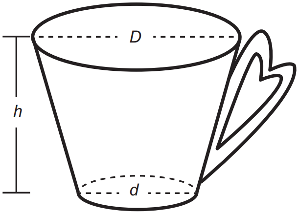 (ENEM 2021) Uma pessoa comprou uma caneca para tomar sopa, conforme ilustração.

Sabe-se que 1 cm3 = 1 mL e que o topo da caneca é uma circunferência de diâmetro (D) medindo 10 cm, e a base é um círculo de diâmetro (d) medindo 8 cm.

Além disso, sabe-se que a altura (h) dessa caneca mede 12 cm (distância entre o centro das circunferências do topo e da base).

Utilize 3 como aproximação para π.

Qual é a capacidade volumétrica, em mililitro, dessa caneca?
A 216
B 408
C 732
D 2 196
E 2 928

Questão 147 Prova Amarela, Questão 164 Prova Cinza, Questão 170 Prova Azul, Questão 179 Prova Azul