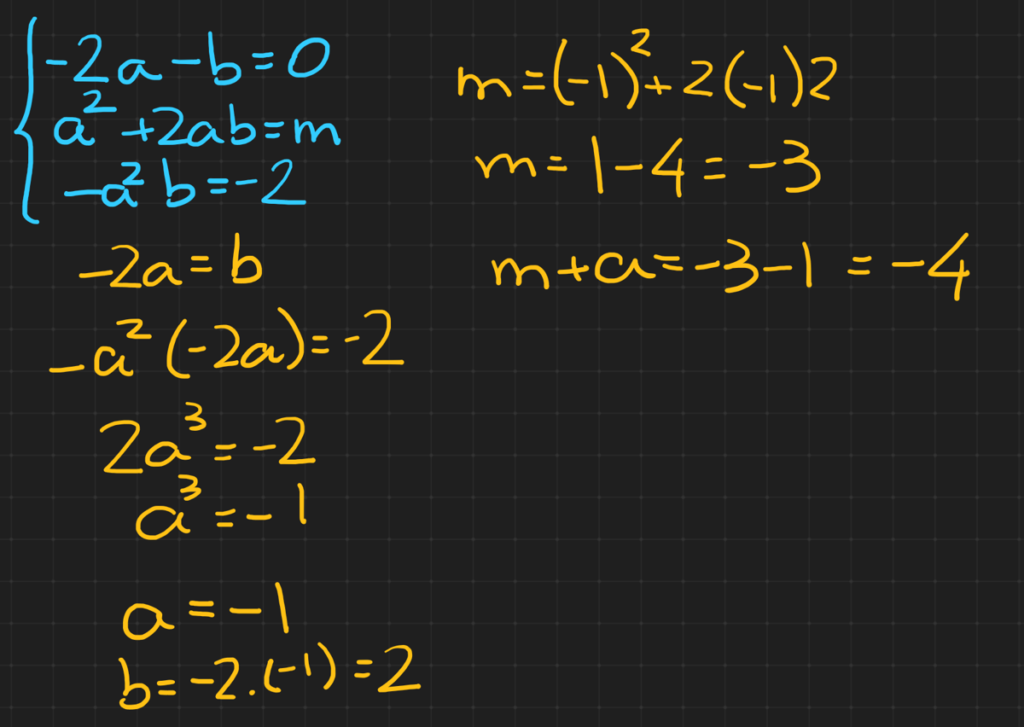 (FUVEST 2022) Suponha que o polinômio 𝑝(𝑥) = 𝑥3 + 𝑚𝑥 − 2, em que 𝑚 é um número real, tenha uma raiz real dupla 𝑎 e uma raiz real simples 𝑏. O valor da soma de 𝑚 com 𝑎 é:
(A) 0
(B) –1
(C) −2
(D) −3
(E) −4
