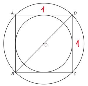 (ENEM 2022 PPL) Uma empresa de publicidade está criando um logotipo que tem o formato indicado na figura. O círculo menor está inscrito no quadrado ABCD, e o círculo maior circunscreve o mesmo quadrado. Considere S1 a área do círculo menor e S2 a área do círculo maior.

A razão da área do círculo maior para o círculo menor é igual a