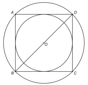 (ENEM 2022 PPL) Uma empresa de publicidade está criando um logotipo que tem o formato indicado na figura. O círculo menor está inscrito no quadrado ABCD, e o círculo maior circunscreve o mesmo quadrado. Considere S1 a área do círculo menor e S2 a área do círculo maior.

A razão da área do círculo maior para o círculo menor é igual a